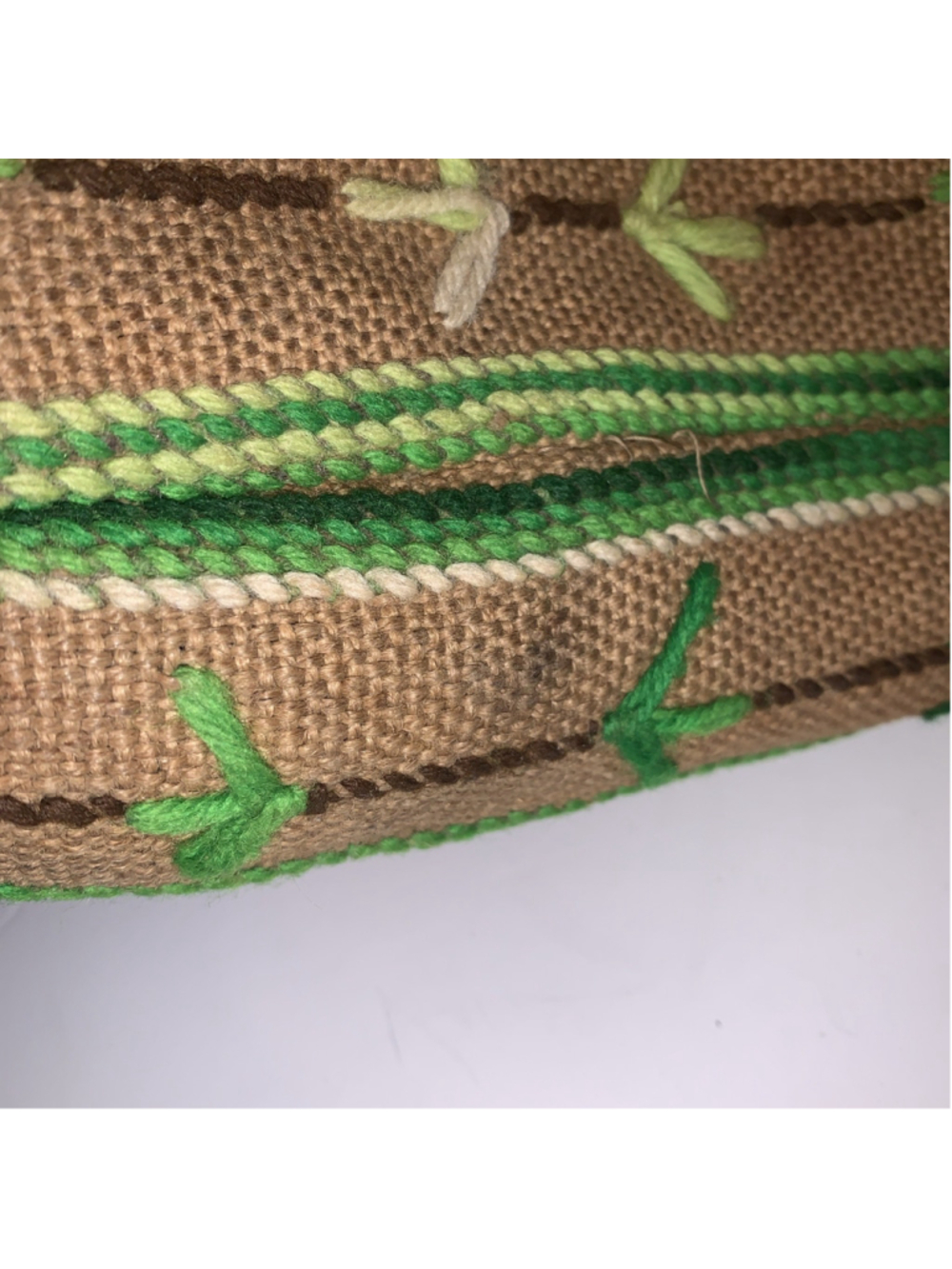 Vtg Boho Burlap Tote Elbow Bag Purse Yarn Hand-Embroidered 1960 70's Green Retro - Picture 13 of 14